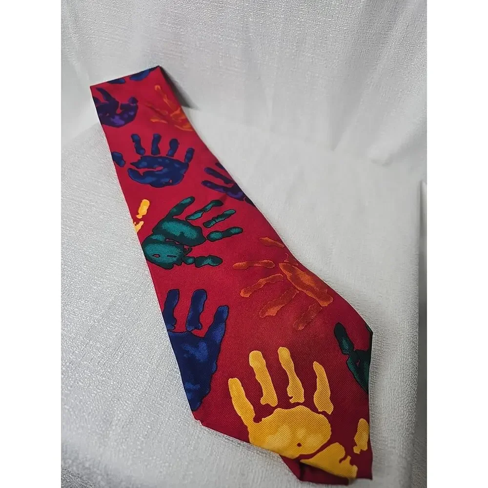 Vintage Red Save The Children 'Lend A Hand' 100% Silk Handprint Neck Tie Rare